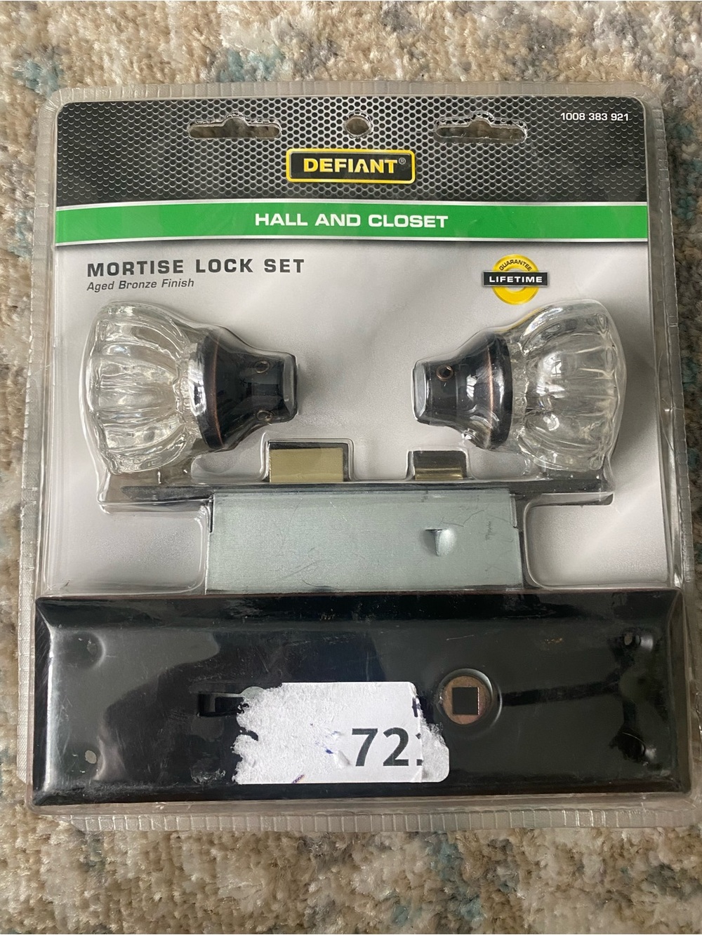 New Defiant Mortise Hall & Closet Glass Knob Lock Set in Aged Bronze Finish